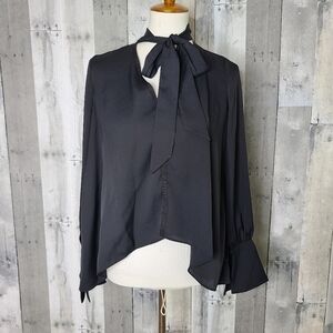 Misha Nonoo XS Black Tie Neck Pleated Back Blouse